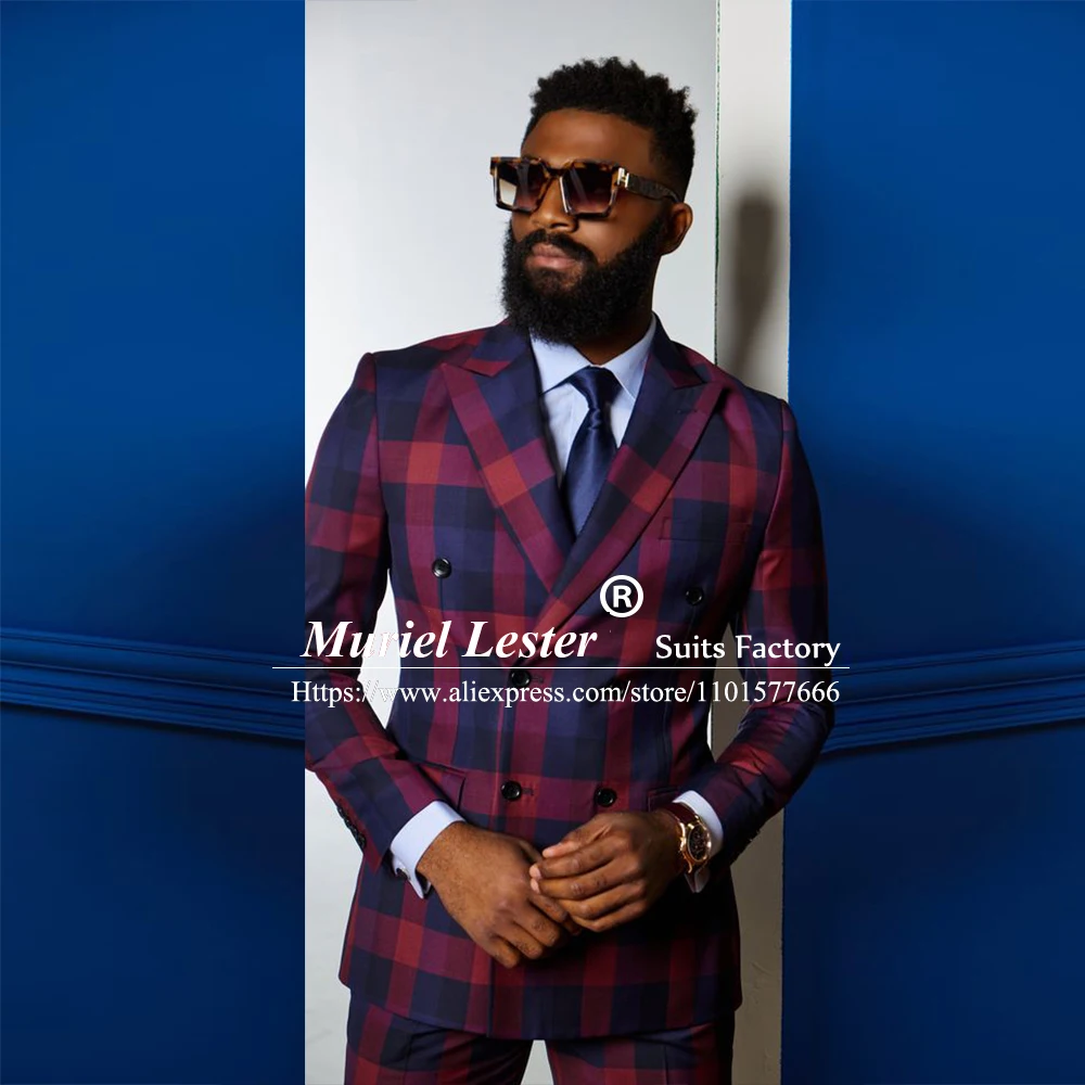 Tailore-Made Men's Suits Business Office Wear Plaid Check Blazer Tailore Made 2 Pieces Double Breasted Jacket Pants Groom Tuxedo