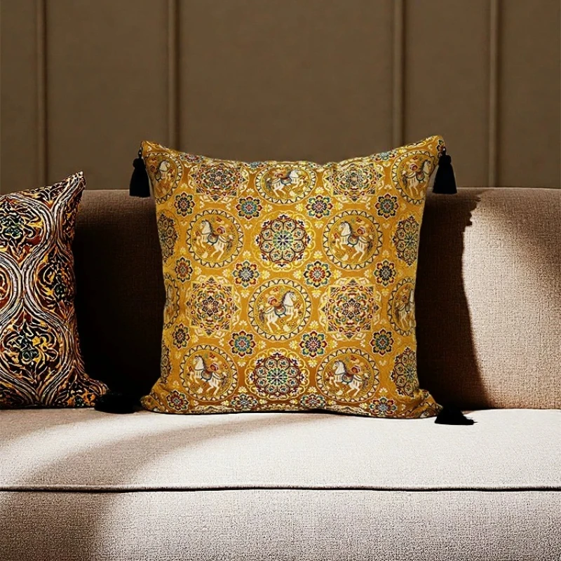 

New Chinese Style Tassel Throw Pillow, Silk Velvet Lumbar Cushion for Sofa, Skin-Friendly Square Backrest , Aesthetic Home Decor