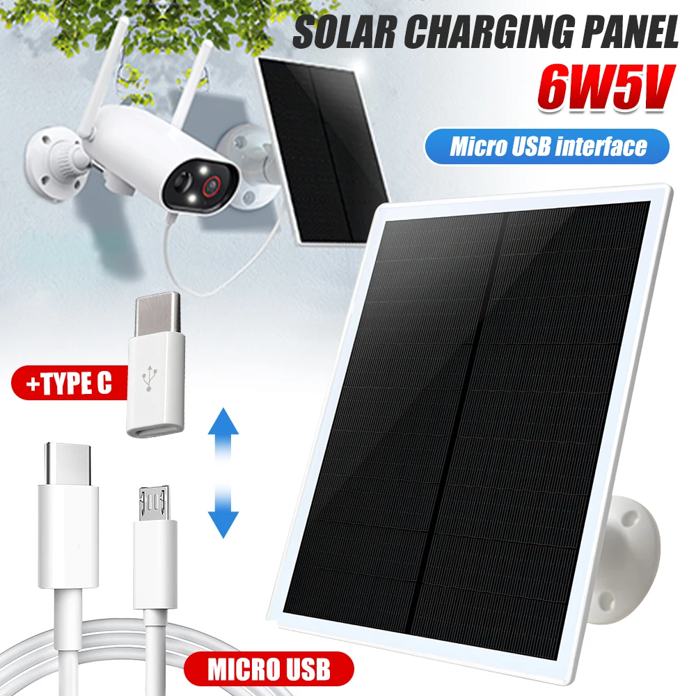 6W 5V Solar Panel Outdoor Waterproof Solar Cell Charger Micro USB+Type-C Solar Charger for Mobile Phone Security Camera Doorbell