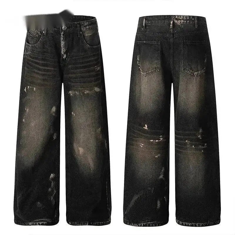 Niche Design Men's Denim Trousers Graffiti Contrast Color Washing Trendy Straight All-match Wide Leg Male Jeans Chic 9XG4FG