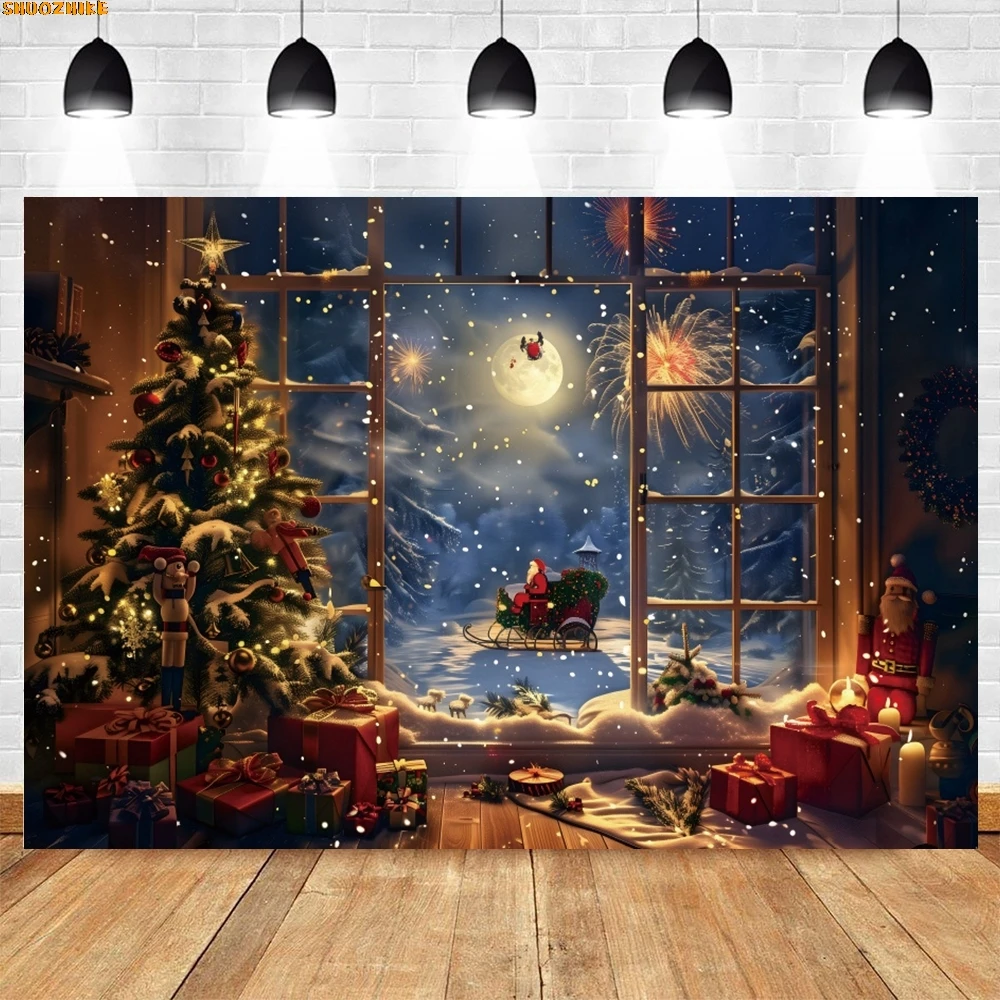 

AI Christmas Tree Window Backdrop Gifts Wreath Baby Kids Portrait Xmas Party Photography Background Decor Photo Studio Props