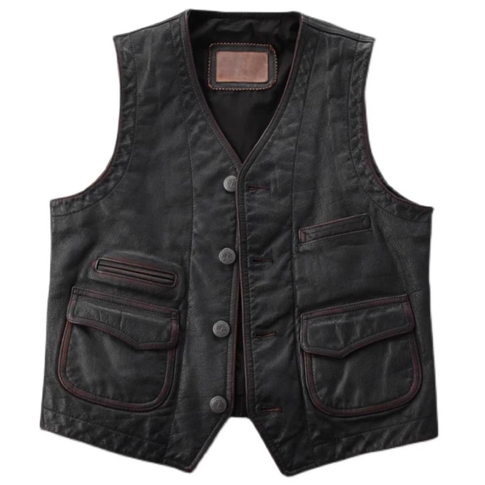 

Italian Imported Buffalo Leather Vest Distressed Waistcoat Vests Multi Pocket Work Suit Sleeveless Tank Jacket Genuine Leather