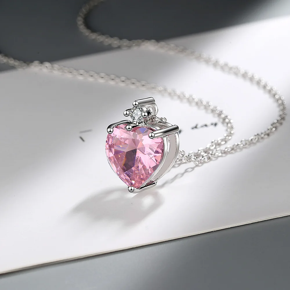 Charming Pink Crystal Heart Pendant Gradient Zircon Necklaces For Women Vintage Fashion Genuine 925 Silver  Necklace