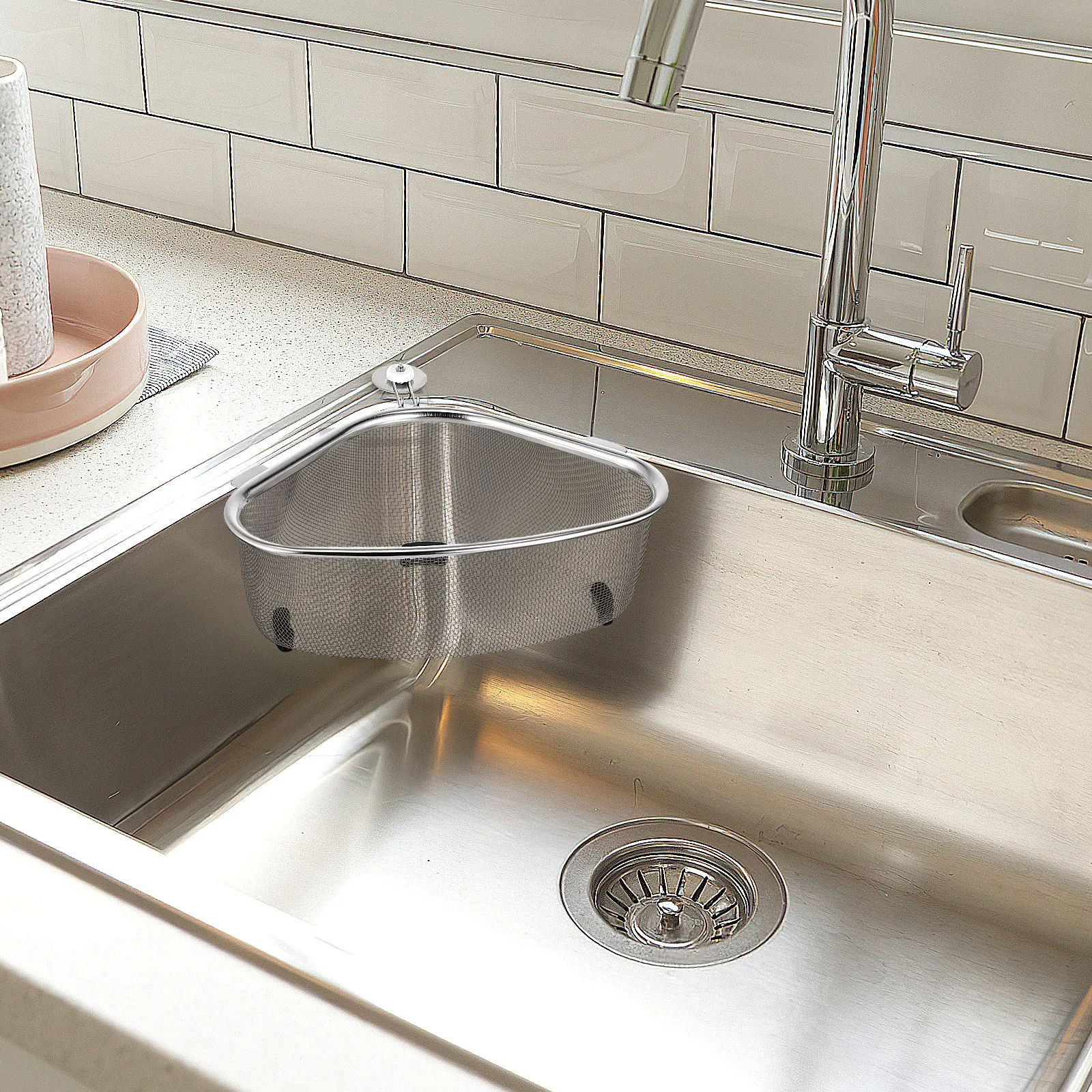 

Triangle Sink Basket Corner Strainer Stainless Steel Kitchen Sink Draining Basket Space Saving Corner Storage Rack