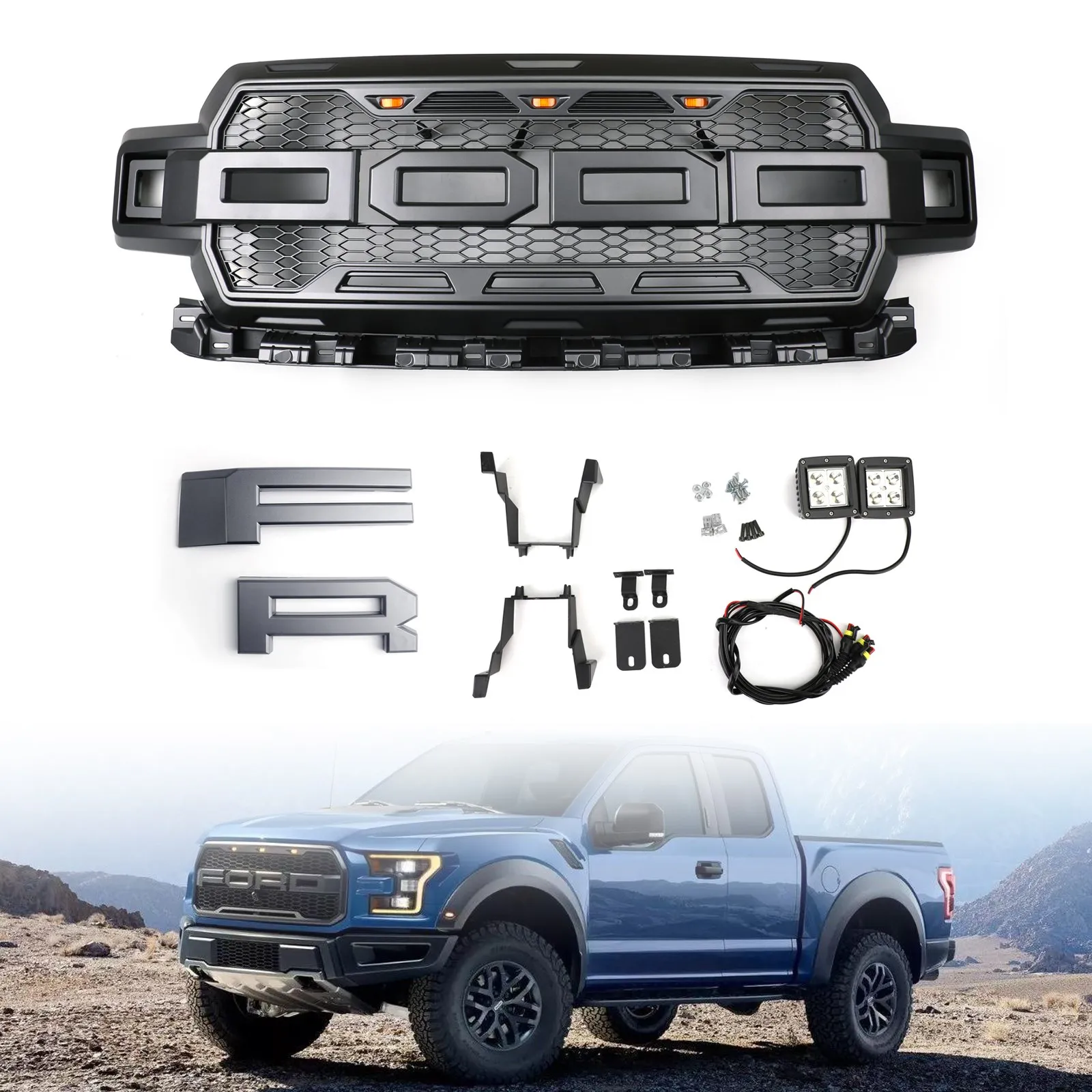 

Areyourshop Honeycomb Grill Amber LED Raptor Style e For Ford F150 F-150 2018 2019 2020 With Logo