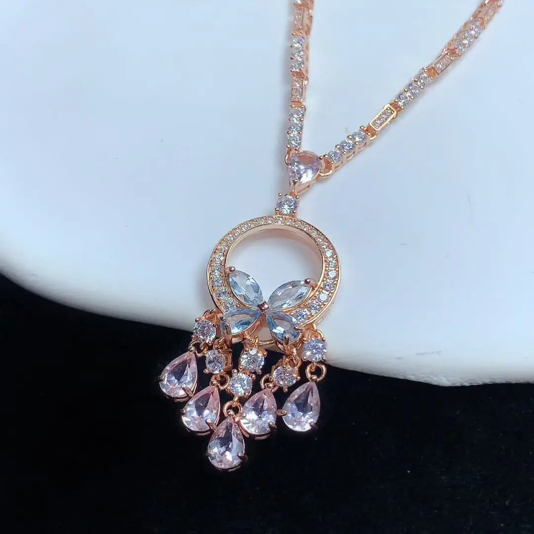 Morganite & Aquamarine Necklace Butterfly Fringe Palace, 925 Sterling Silver Vintage Gemstone
