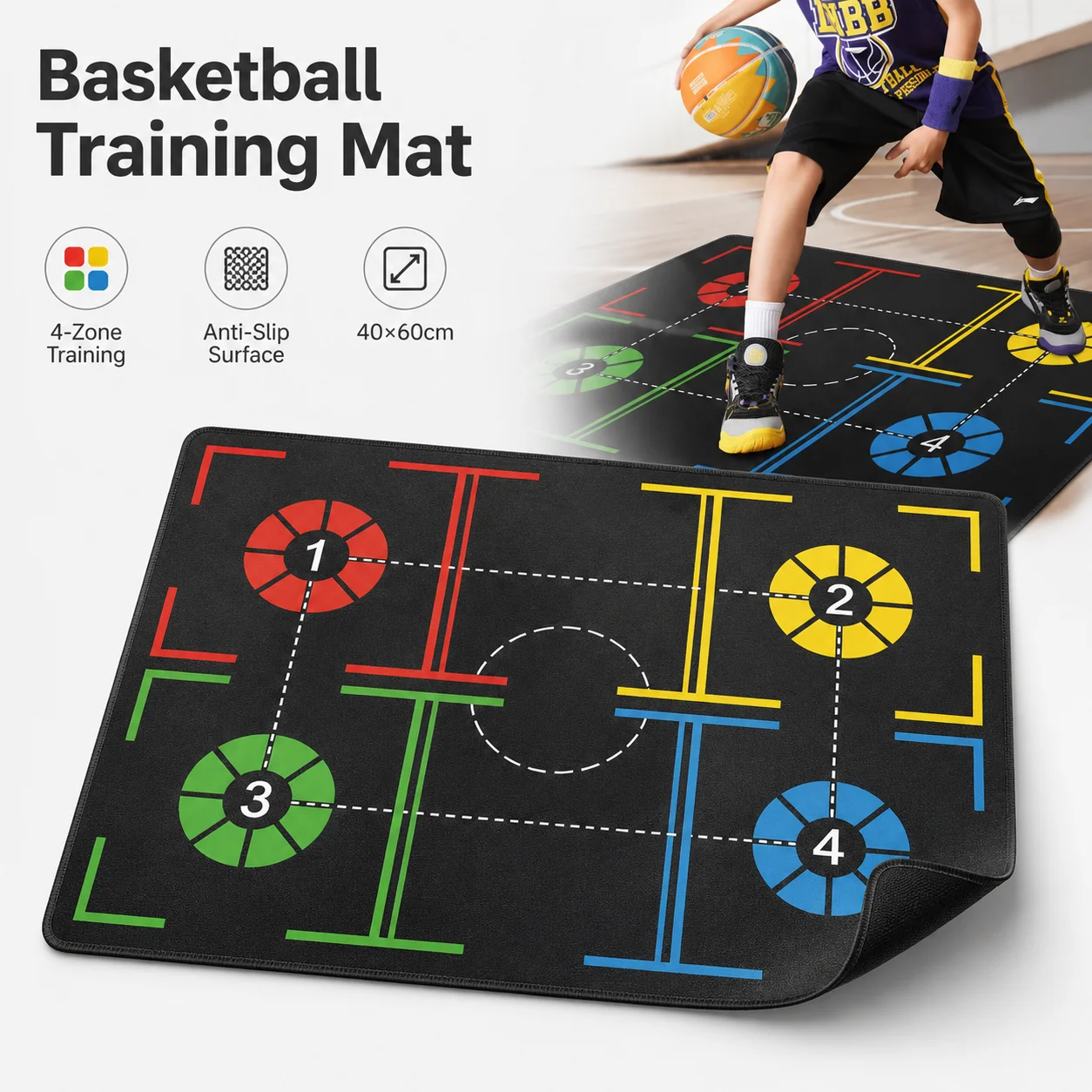 Basketball Footwork Training Mat for Kids Anti Slip Dribbling Practice Pad Indoor Agility Coordination Exercise Mat