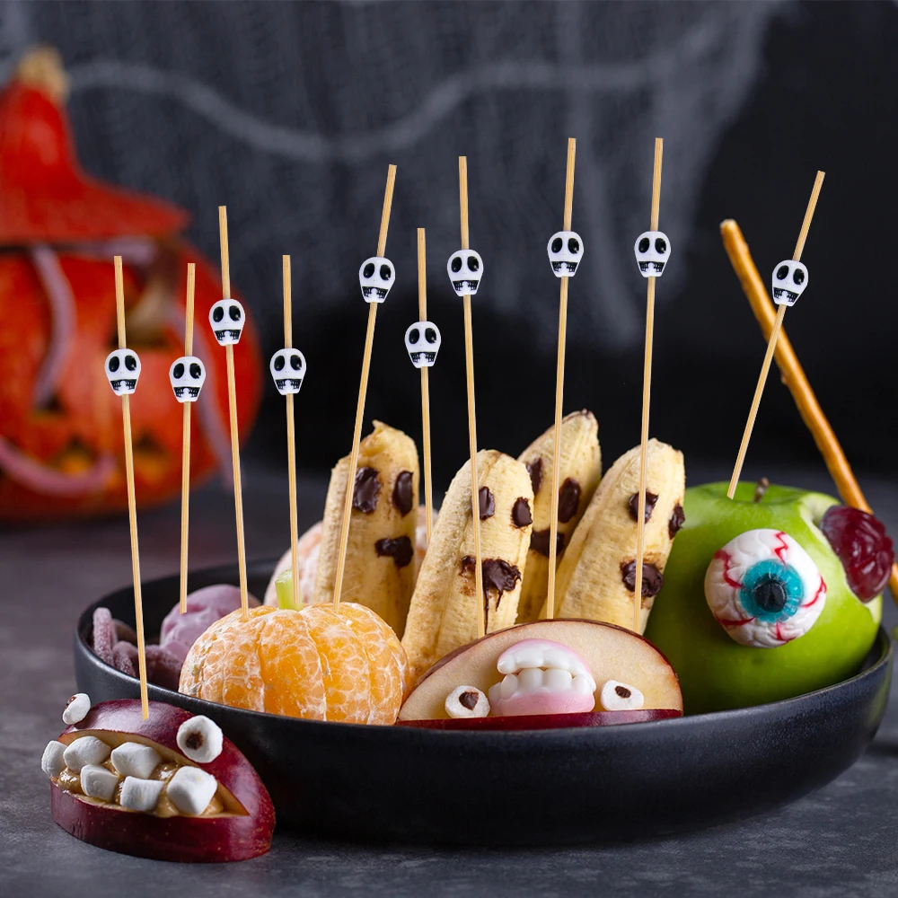 100pc Skull Bamboo Pick Buffet Fruit Fork Dessert Sticks Cocktail Skewer Disposable Fruit Bamboo Picks Toothpick Halloween Decor