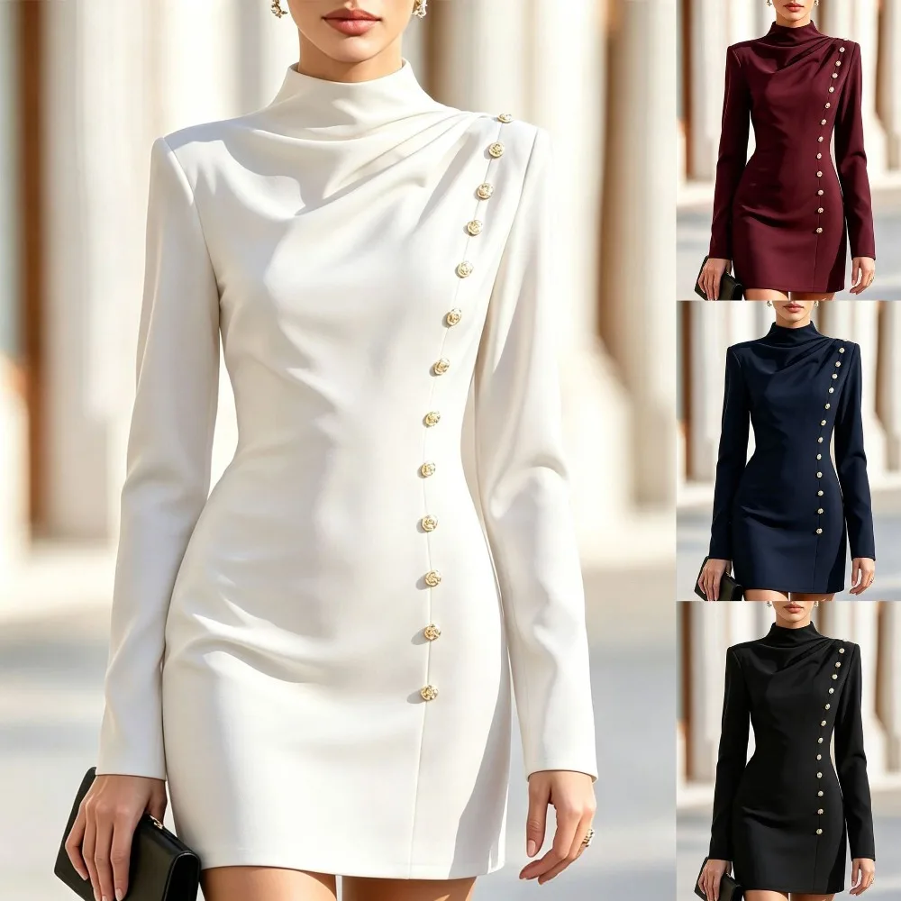 New Style Half High Collar Pleated Slim Short Dress Metal Button Long Sleeve Party Gown