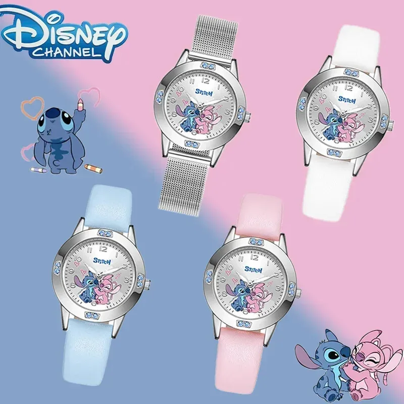 Disney Stitch Cartoon Children'S Watch Steel Belt Belt High Quality Diamond Set Quartz Watch Quartz Wristwatches Kids Gift