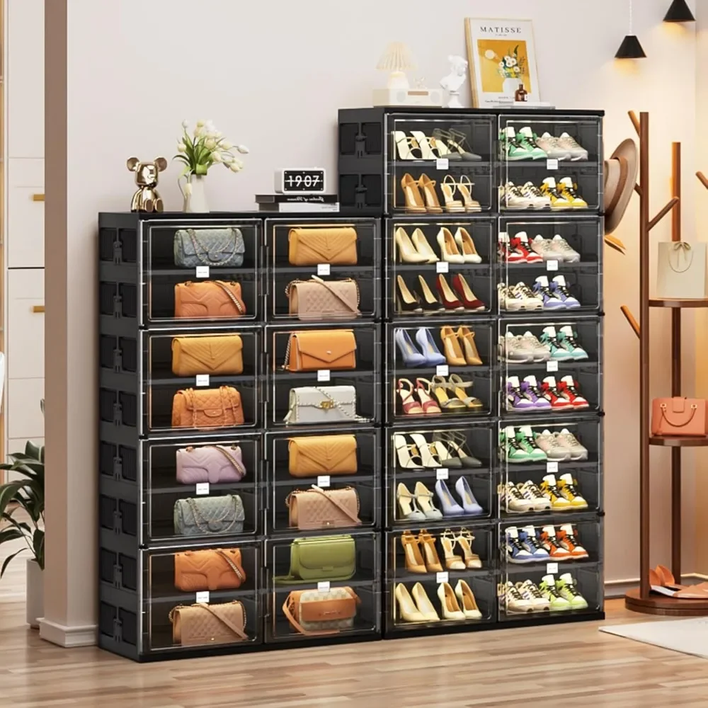 10 Tiers 40 Pairs Foldable Shoe Rack，Large Collapsible Shoe Storage Organizer Cabinet with Magnetic Doors，Shoe Rack Organizer image 5