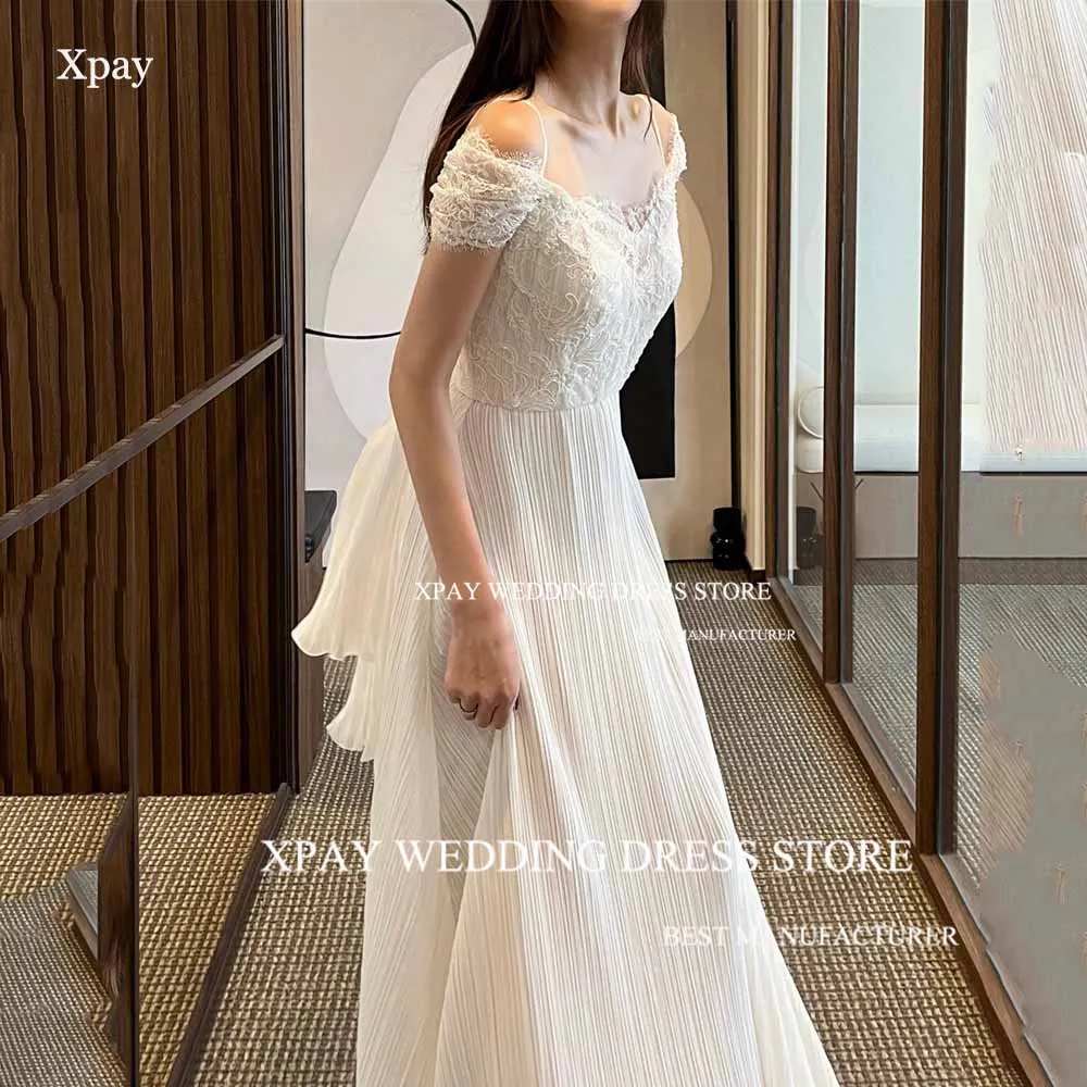 XPAY Lace V Neck  A Line Korea Wedding Dresses Pleats Chiffon Spaghetti Straps Bridal Dress Backless Short Sleeve Custom Gown