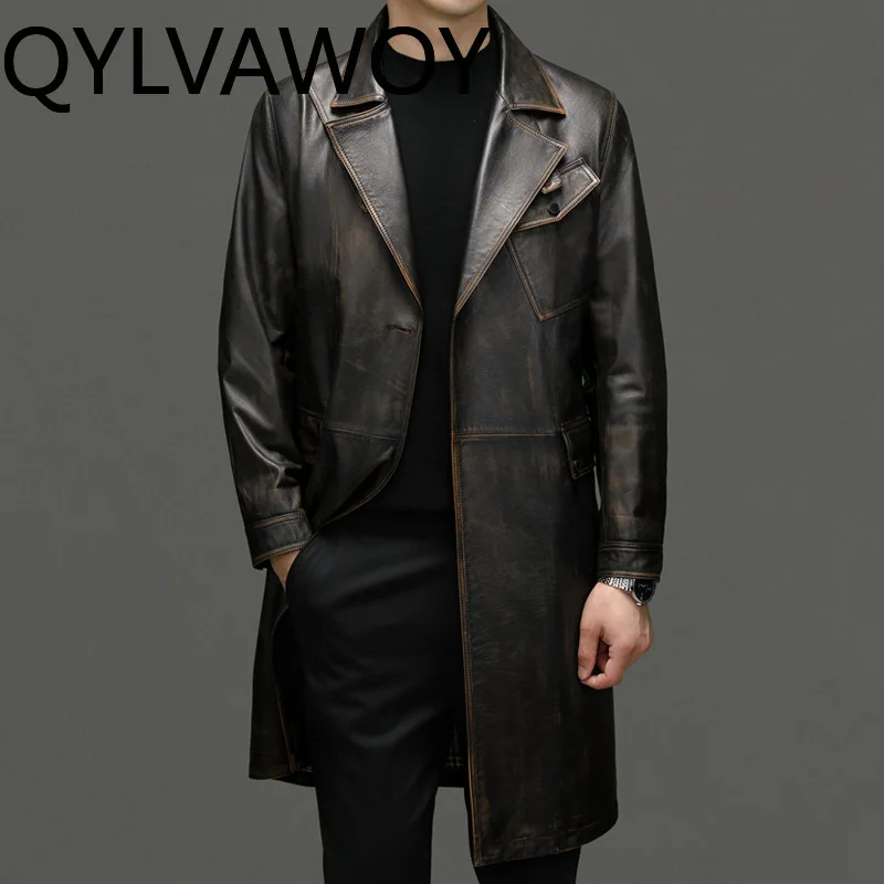 QYLVAWOY 100%Real Cowhide Leather Trench Coats for Man Autumn High Quality Genuine Leather Jacket Men Suit Long Cow Leather Coat