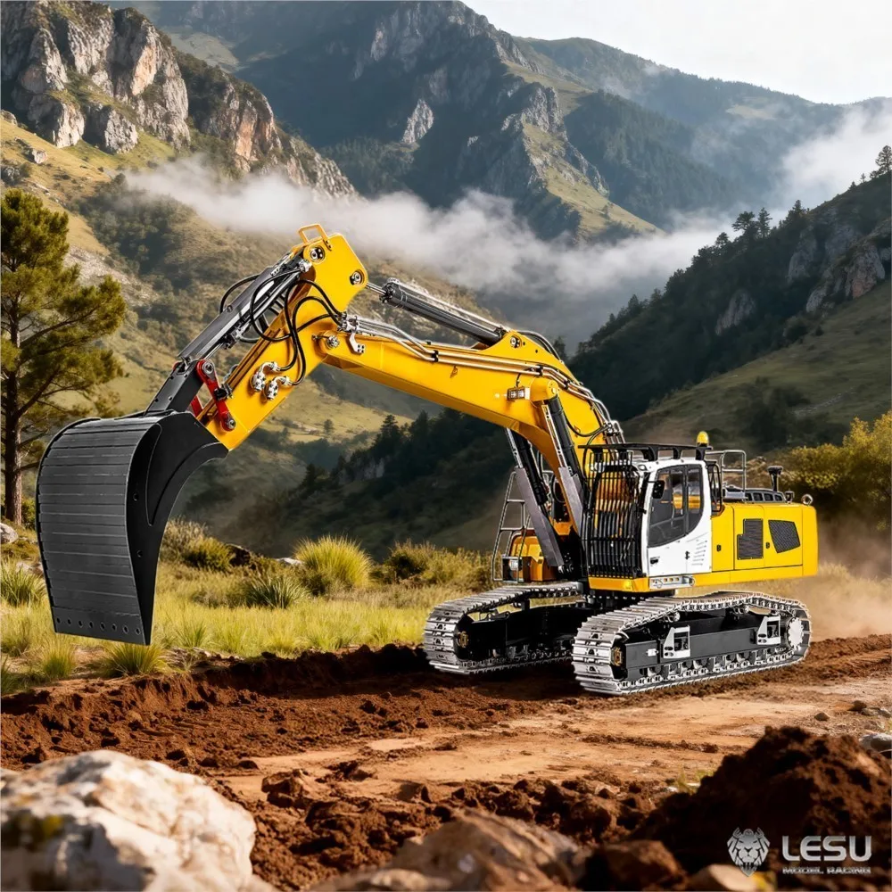 LESU Metal 1/14 Remote Control Hydraulic Excavator 2 Arms LR956 6CH Valve 4MPA Dual Pumps Light RC Digger Construction Vehicle