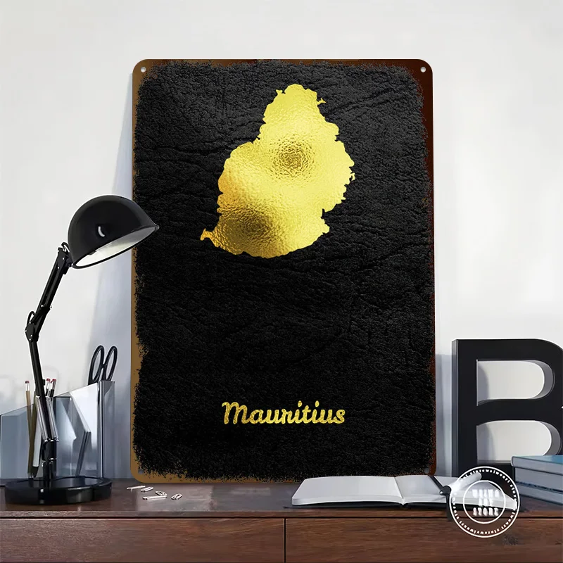 Golden Map Mauritius Poster Retro 3D Printed Metal Signs Customized Wall Hanging Gift for Luxury Decoration Home Decor Items