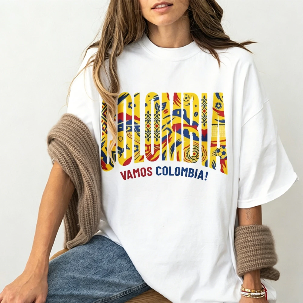Colombian Flag Pattern Cotton T-Shirt Short Sleeve Crew Neck Cotton Front Back Print Vamos Colombia Text Soccer Theme Casua Tops