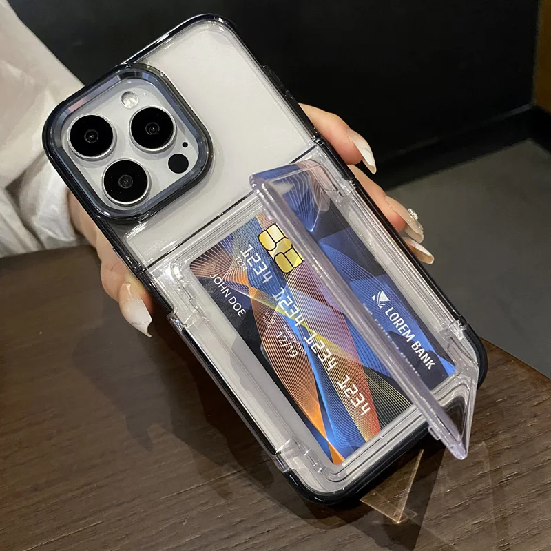 Transparent Flip Slot Card Wallet Holder Stand Case For iPhone 16 14 Pro Max 15 Plus 11 12 13 Shockproof Acrylic Hard Back Cover
