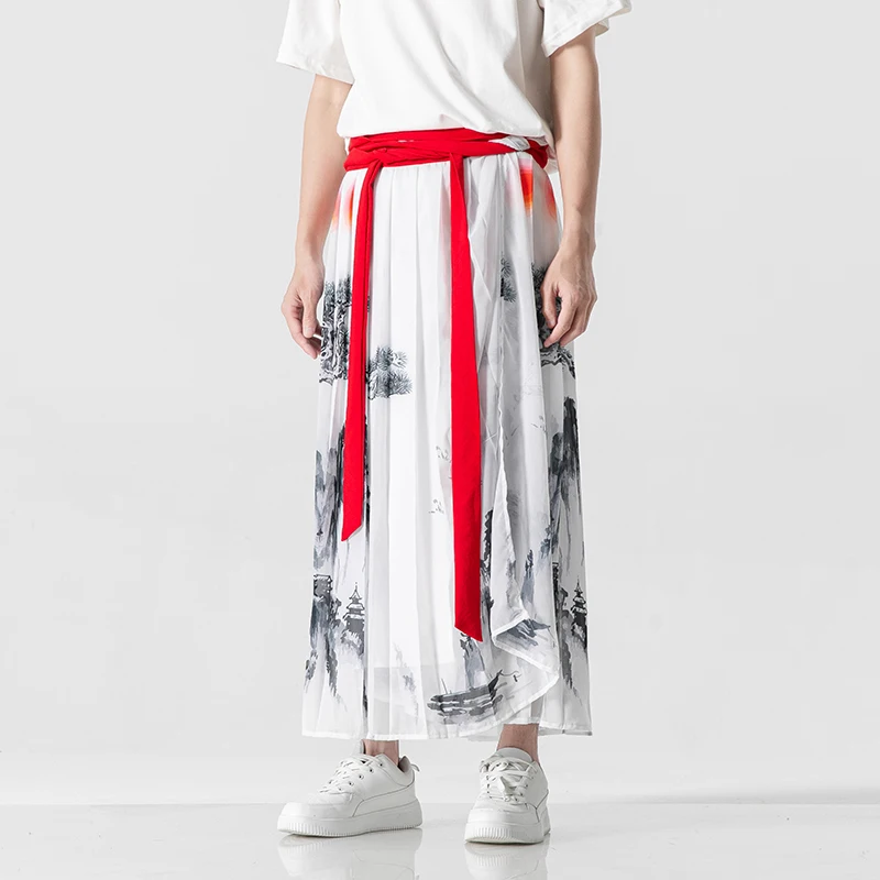 2023 sommer Männer Harajuku Kimono Rock Beiläufige Breite Hosen Männer Frauen Eis Seide Dünne Hanfu Tang-anzug Ein Stück Horseface Culottes