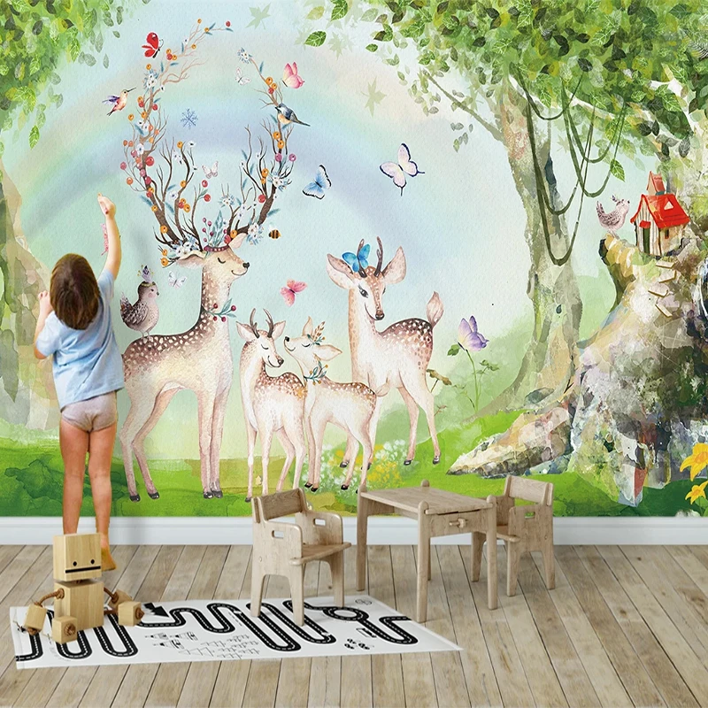 Custom Large Size Photo Wallpaper Cartoon Forest Rainbow Elk Painting Children's Room Bedroom Decoration Wall Mural Paper 3D