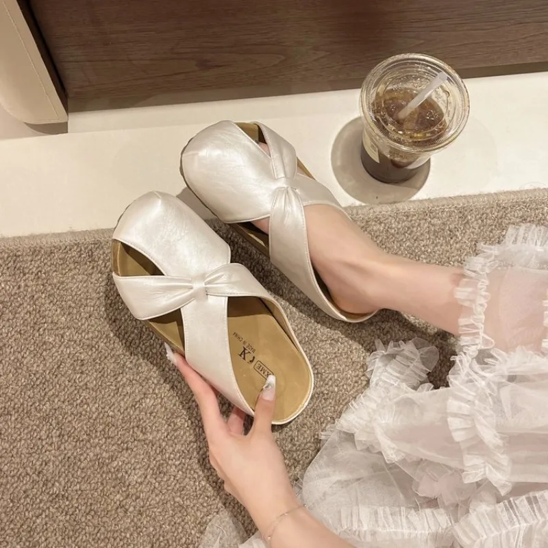 Women's Sandals Mules Flat Slip on Metallic-Look Finish Knot Detail Round Toe Casual Summer Everyday Footwear for Ladies Walk