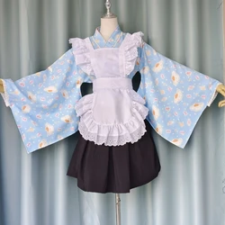 Japanese Kawaii Lolita Kimono Dress Women Sweet Cute Cartoon Print Apron Maid Dresses Sets Female Retro Elegant Cosplay Costumes