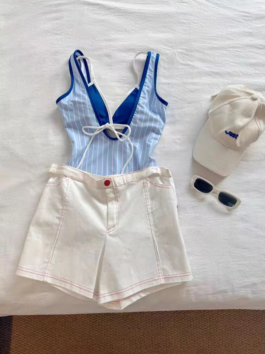 

Синий слитный купальник We Coast с полосками, сексуальный, корректирующий фигуру, для отпуска, женский, консервативный, с подкладкой для груди, N...