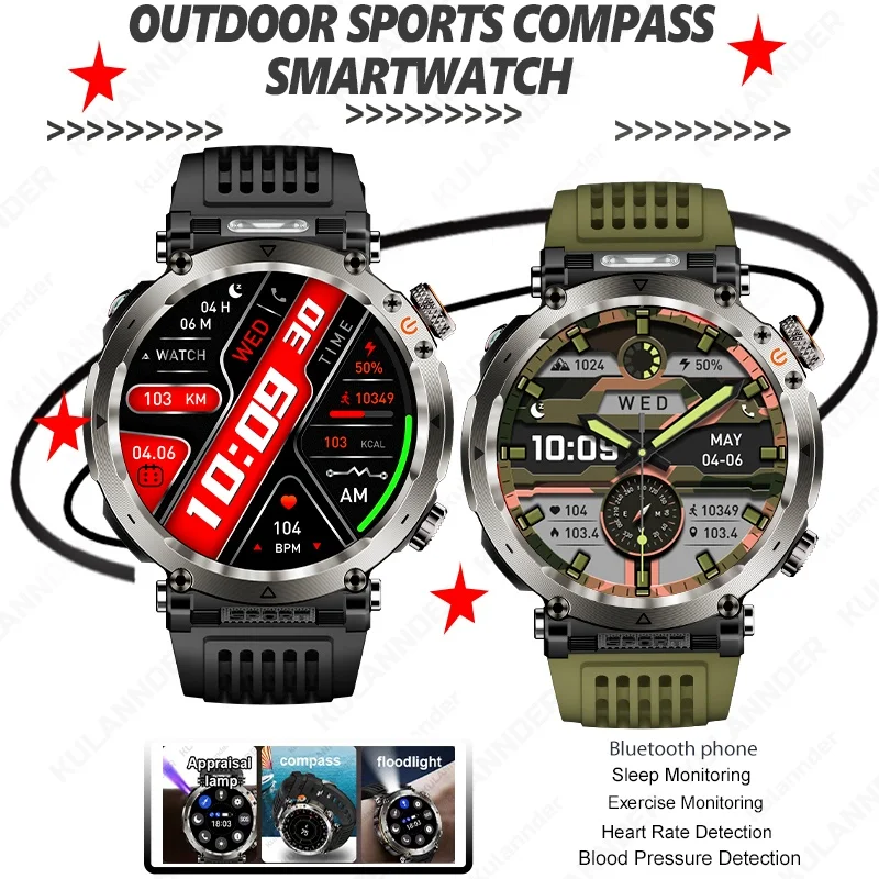 Outdoor adventure device for Android IOS Compass GPS Bluetooth calling Wrist flashlight Sports tracker Men Women Smartwatch2025