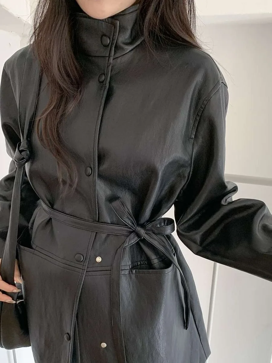 Retro Sle Mujer Biker Jaet PU Abrigo de cuero con cinturón Cintura favorecedora Versátil Largo Sve Faionable Ropa de abrigo