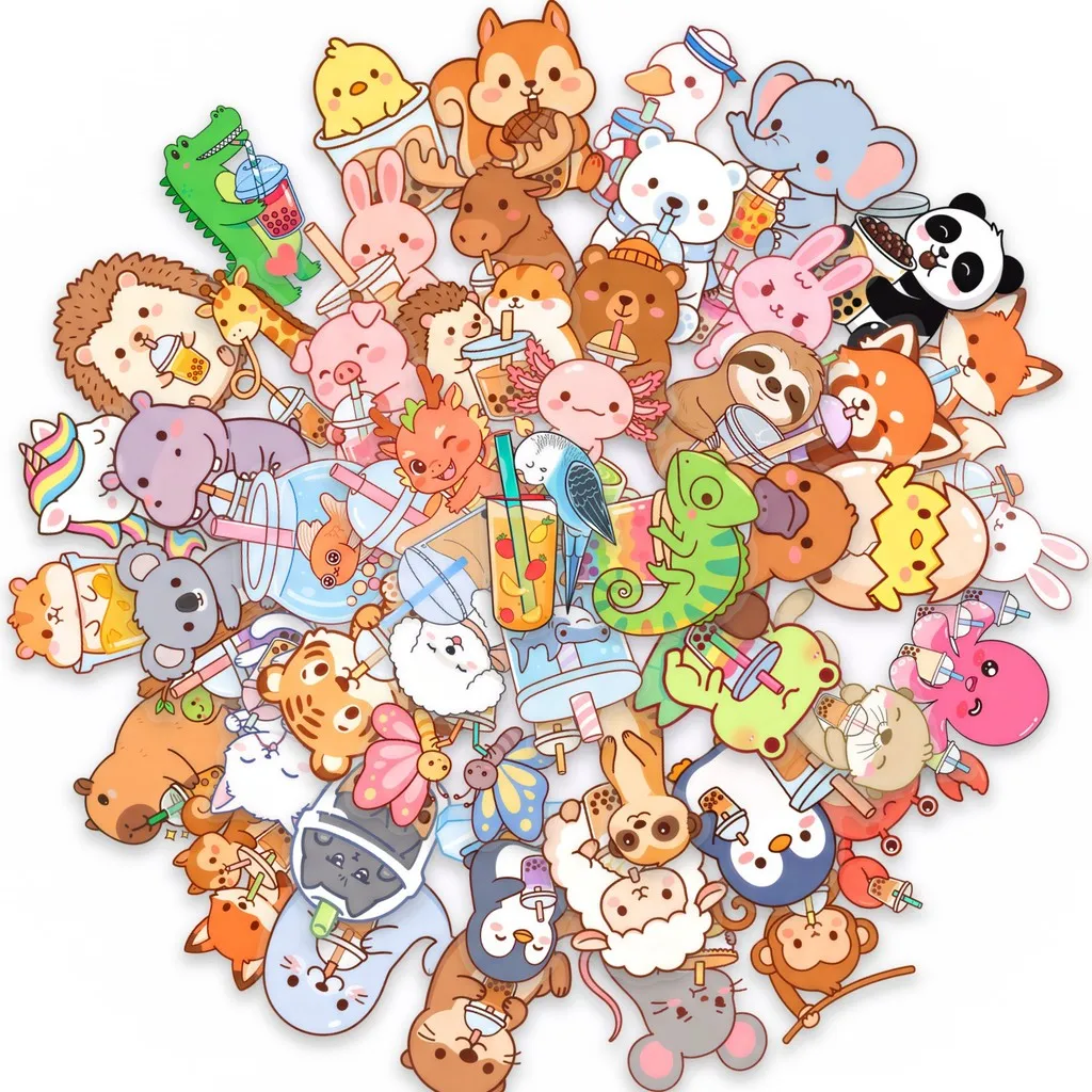 50Pcs PET Cute Pet & Milk Tea Transparent Stickers Cartoon Animal Pattern DIY Ornament Decals LanLanStickersWorld Store