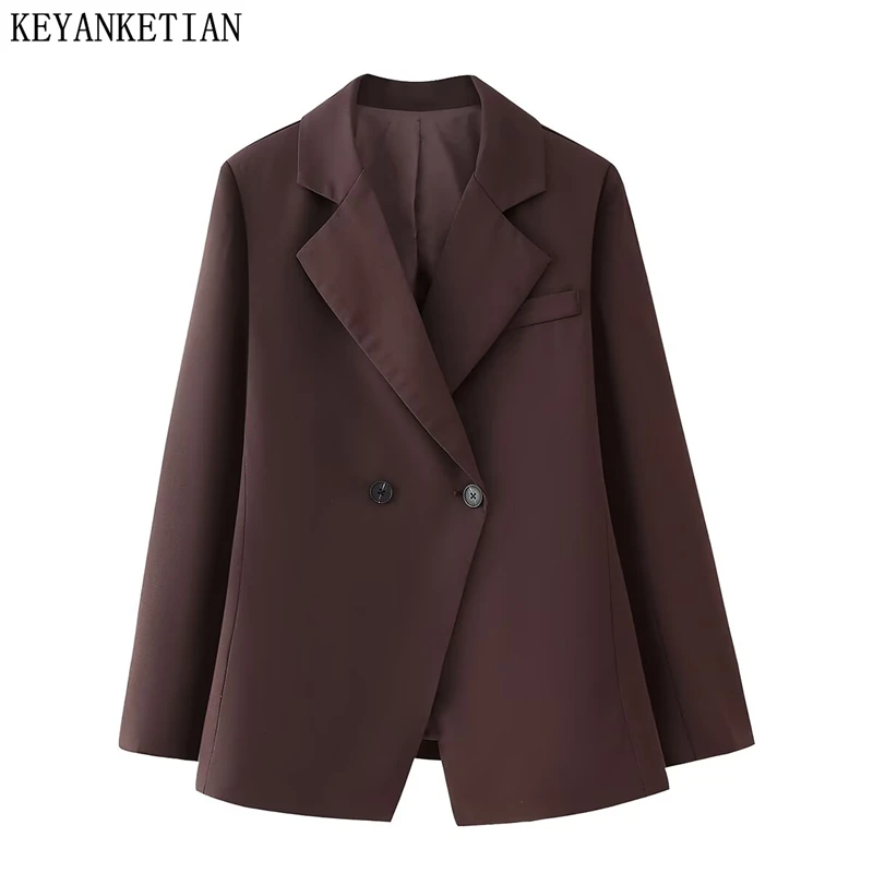 KEYANKETIAN 2024 Autumn New Women's Dark Brown Suit Simple style Asymmetrical Double Breasted Office Lady Outerwear Slim Blazer