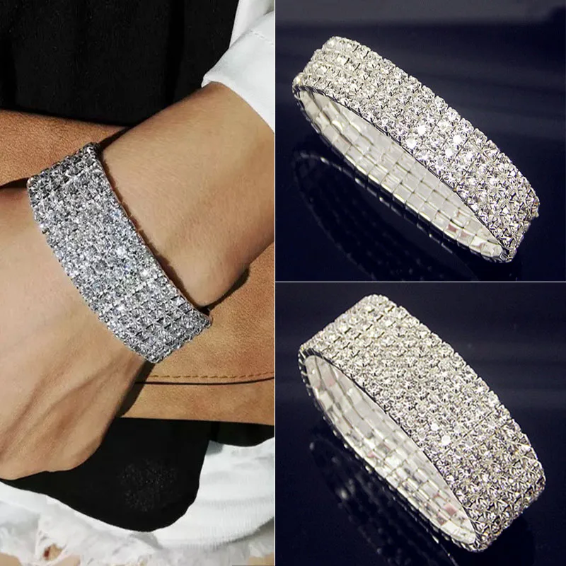 Luxury Full White AAA CZ Zircon Crystal Elastic Bracelet Bling Iced Out Rhinestone Women\'s Bracelet for Women Wedding Jewelry