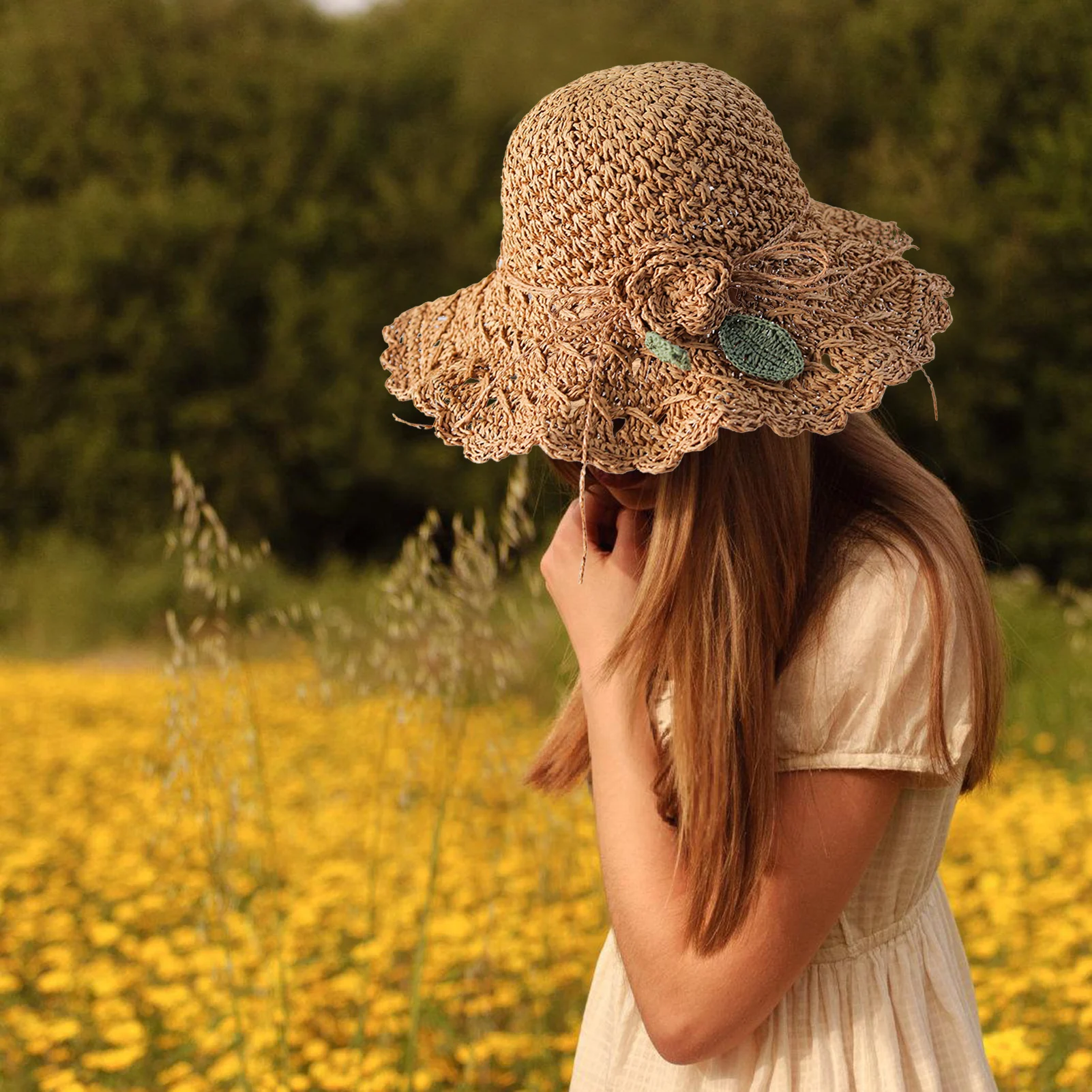 Eleganter Häkel-Strohhut mit breiter Krempe und Rüschendesign für Sommer, Strand und Sonnenschutz bei Outdoor-Reisen für Damen