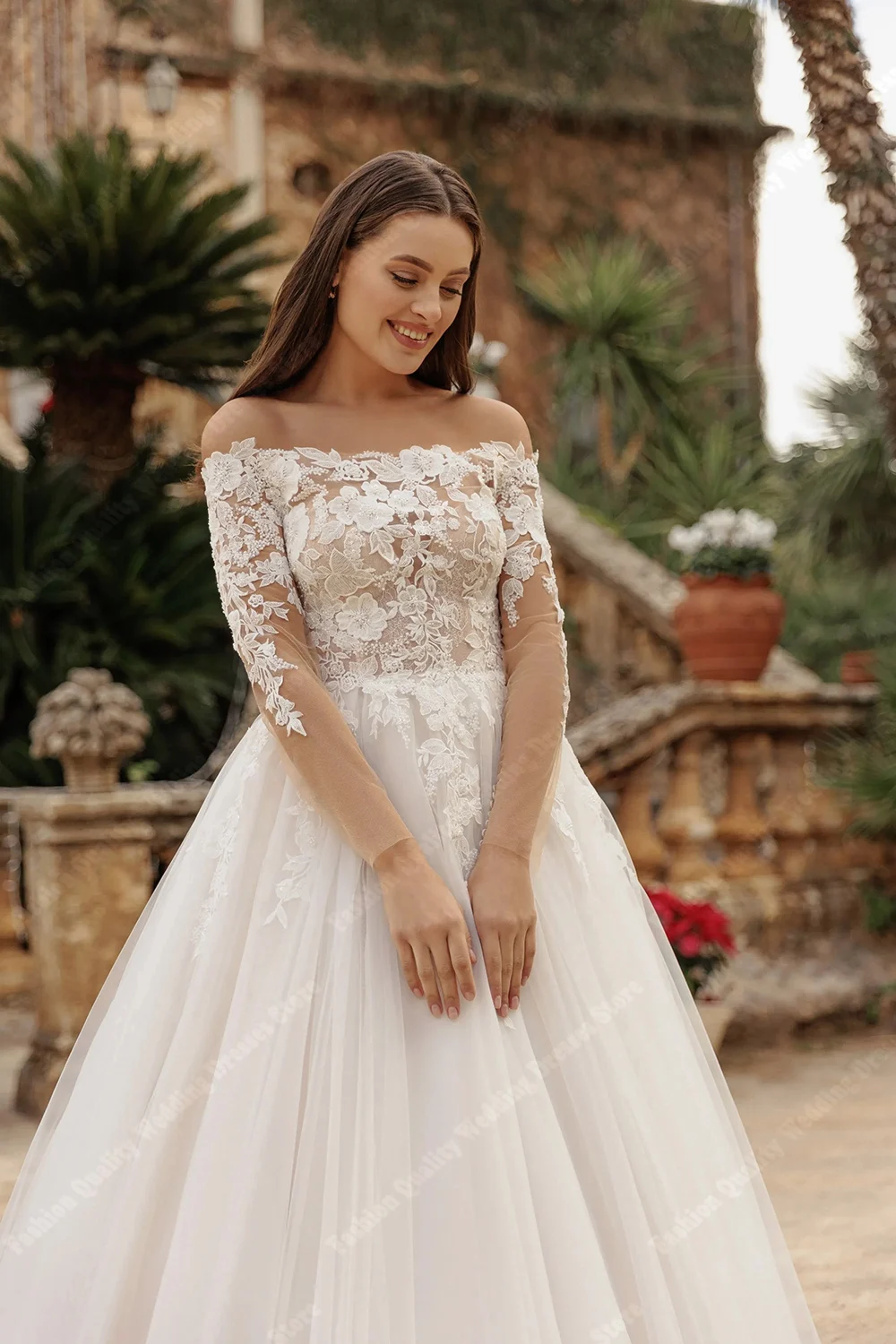 فساتين زفاف بدون أكتاف وأكمام طويلة للنساء مزينة بالدانتيل زي العرائس طول التطهير Vestidos De Novia مخصصة 2026 #3