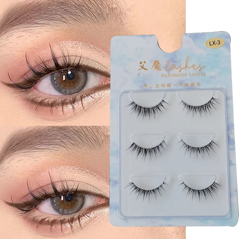 3 Pairs Natural Manga Lashes Thick Soft Transparent Stems False Eyelashes Daily Dating Makeup Eyelashes 3D Big Eye Fake Lashes