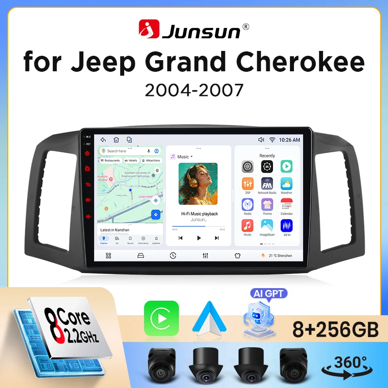 Autoradio Junsun sans fil CarPlay Android Auto pour Jeep Grand Cherokee Mk3 (WK/WH) 2005-2010 avec ventilateur de refroidissement intégré, navigation GPS Android, lecteur multimédia, WiFi, DSP, RDS, BT, SWC, écran tactile IPS, autoradio, lecteur vidéo, unité principale, stéréo