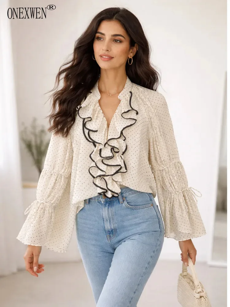 ONEXWEN Elegant Polka Dot Chiffon Blouse Women Layered Ruffle V-Neck Shirt Flare Sleeve Vintage Tops Office Lady 2026 ZM5244