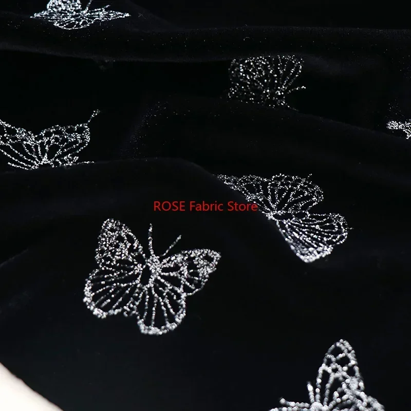 

Black Gold Velvet Fabric Butterfly Bronzing Process Soft Cloth Women's Clothing Skirt Handmade Fabric Diy