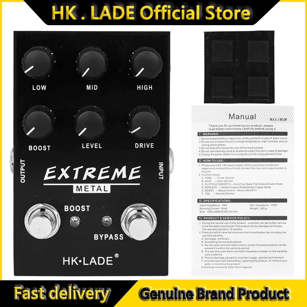 HK.LADE EXTREME METAL Guitar Distortion Effect Pedal with 3 Band EQ and Sweep Mid-Freq Knob Achieve Metal Rock Punk Sounds