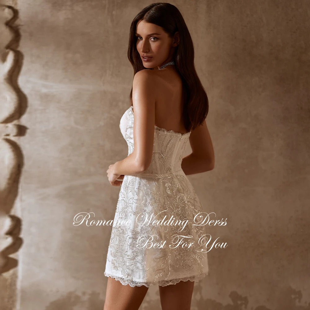 Wykwintna Koronkowa Krótka Suknia Ślubna Aplikacje Odkryte Plecy Bez Ramiączek Bez Rękawów Długość Nad Kolano Suknia Ślubna Vestidos De Novia Szyta na Miarę