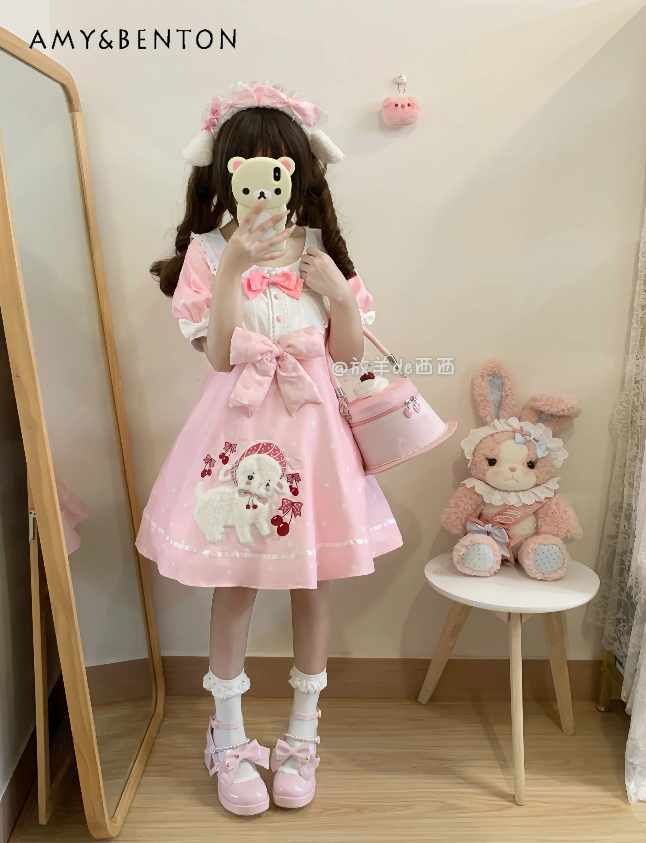 Japanese Sweet Daily Lolita Dresses Cute Bow Cartoon Embroidered Doll Collar Short Sleeve Slim Mini Dress Kawaii Summer Dress