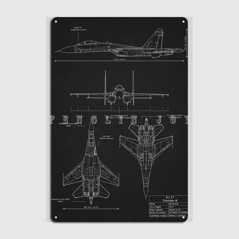 Su-27 Flanker Blueprint Metal Plaque Poster Cinema Kitchen Pub Garage Vintage Plaques Tin Sign Poster