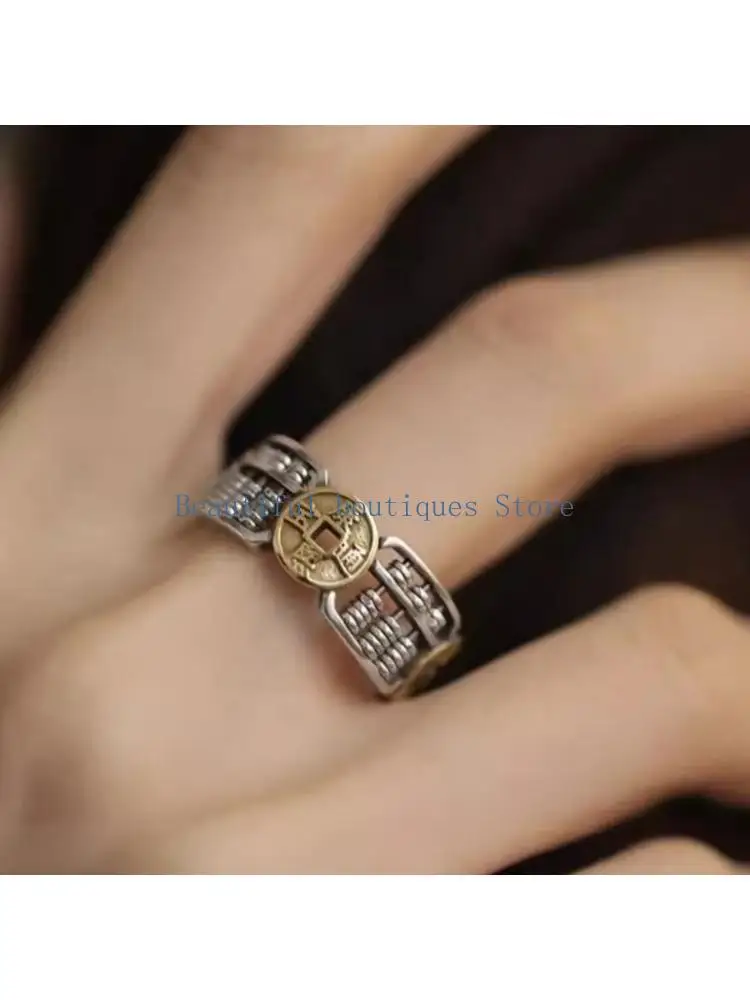 U4LF Unisex Retro Copper Coin Rings Featuring Abacus Bead Ethnic Adjustable Styles