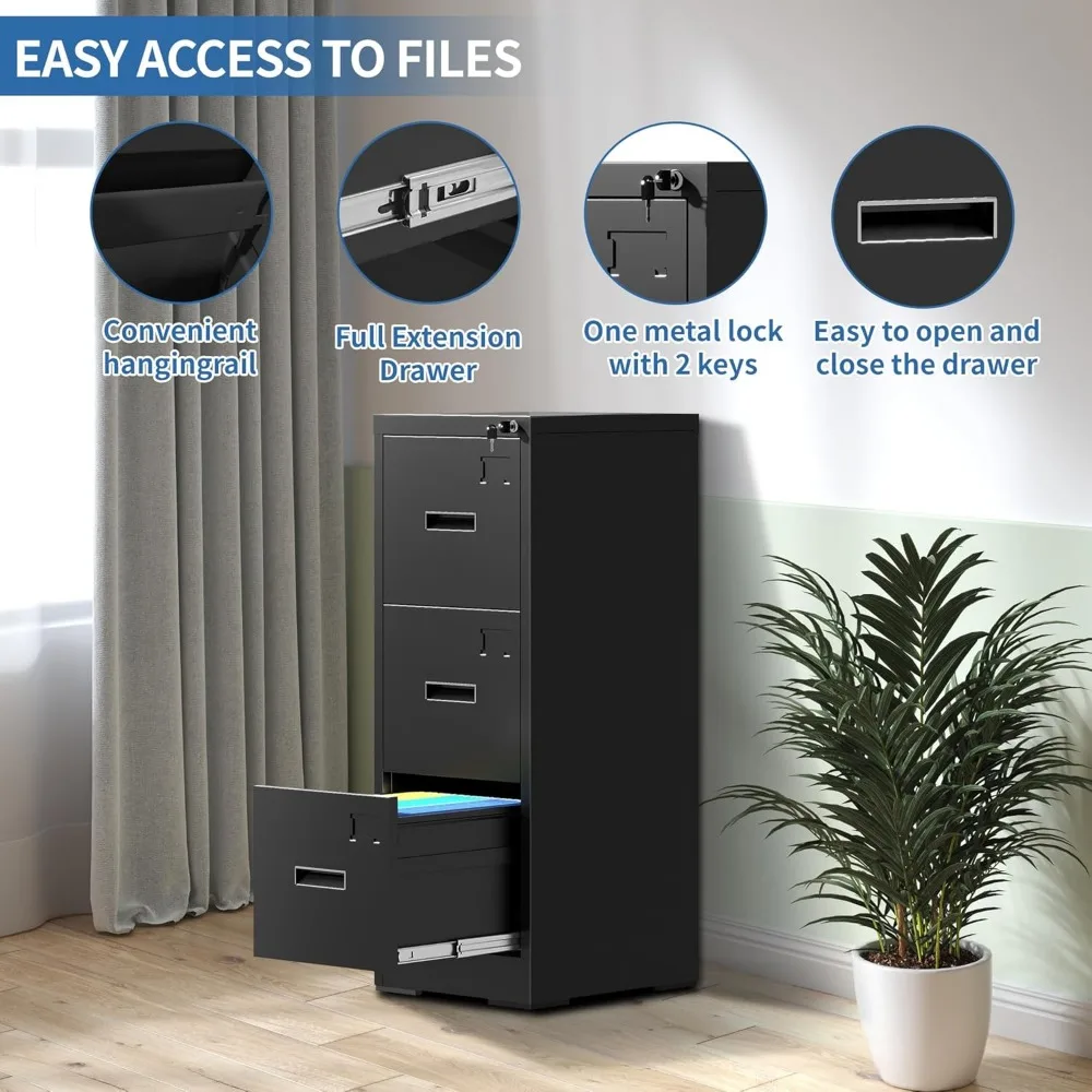 Metal Vertical File Cabinet with Lock, 3-Drawer Steel Storage Cabinet for Home Office, Hanging File Organizer