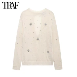 TRAF Rhinestone Knitted Sweaters for Women Back Button Cardigan Woman Summer Knitwear Tops Woman 2024 Long Sleeve Cardigan Women