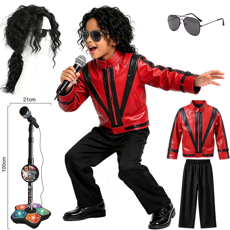 Vintage 80er Jahre Lederjacke und Hose Jungen-Outfit Halloween Cosplay Pop-Star Jackson Performance Disco Tanzparty Kinderkostüm