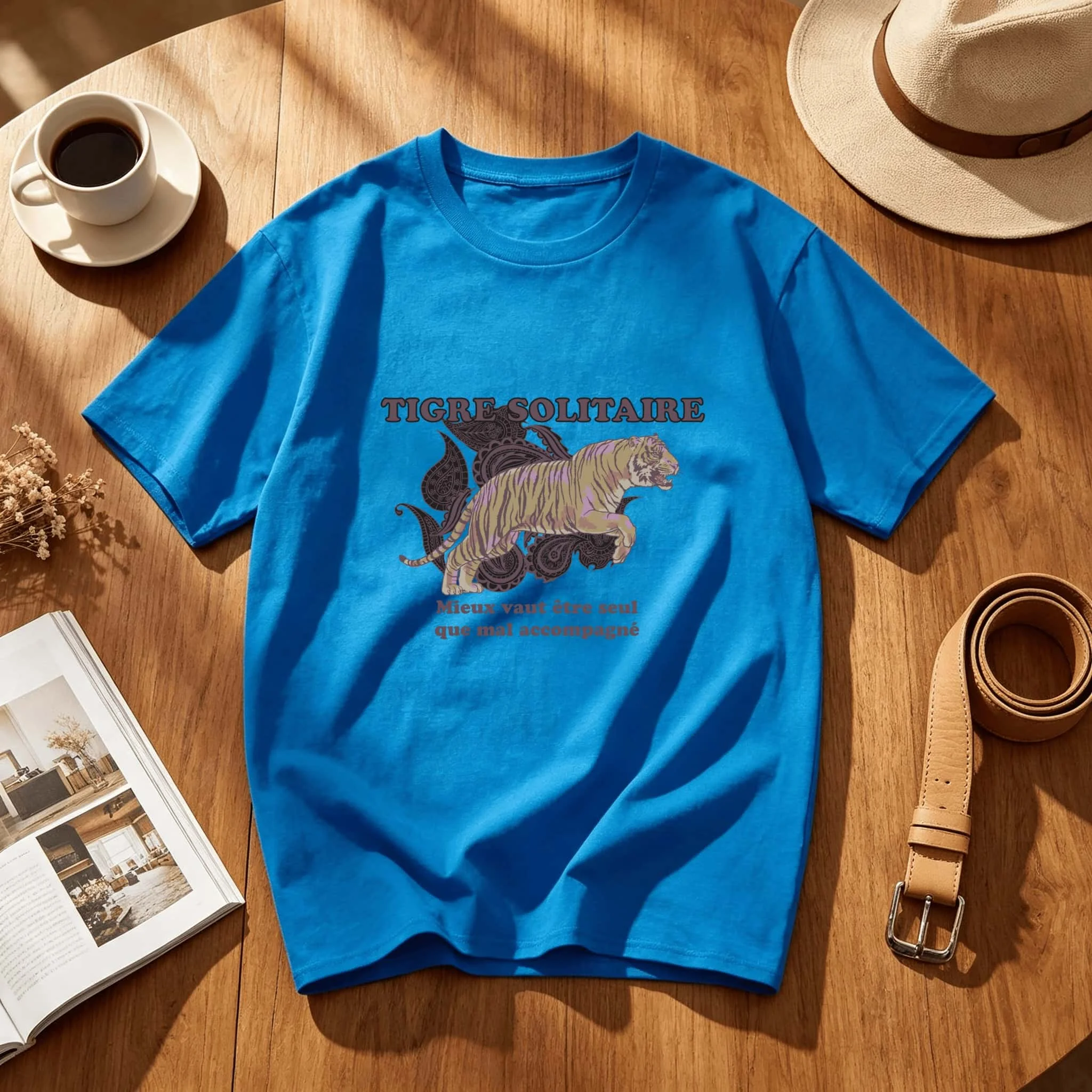 Solitary Tiger With French Text Design Oversized Loose Fit Crewneck Tee