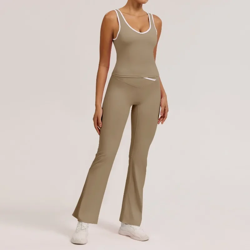 

Women 2 Piece Seamless Yoga Set Butt-Lifting Micro Flared Wide Leg Pants Contrast Color Sports Vest Quick-Dry Gym Running Outfit
