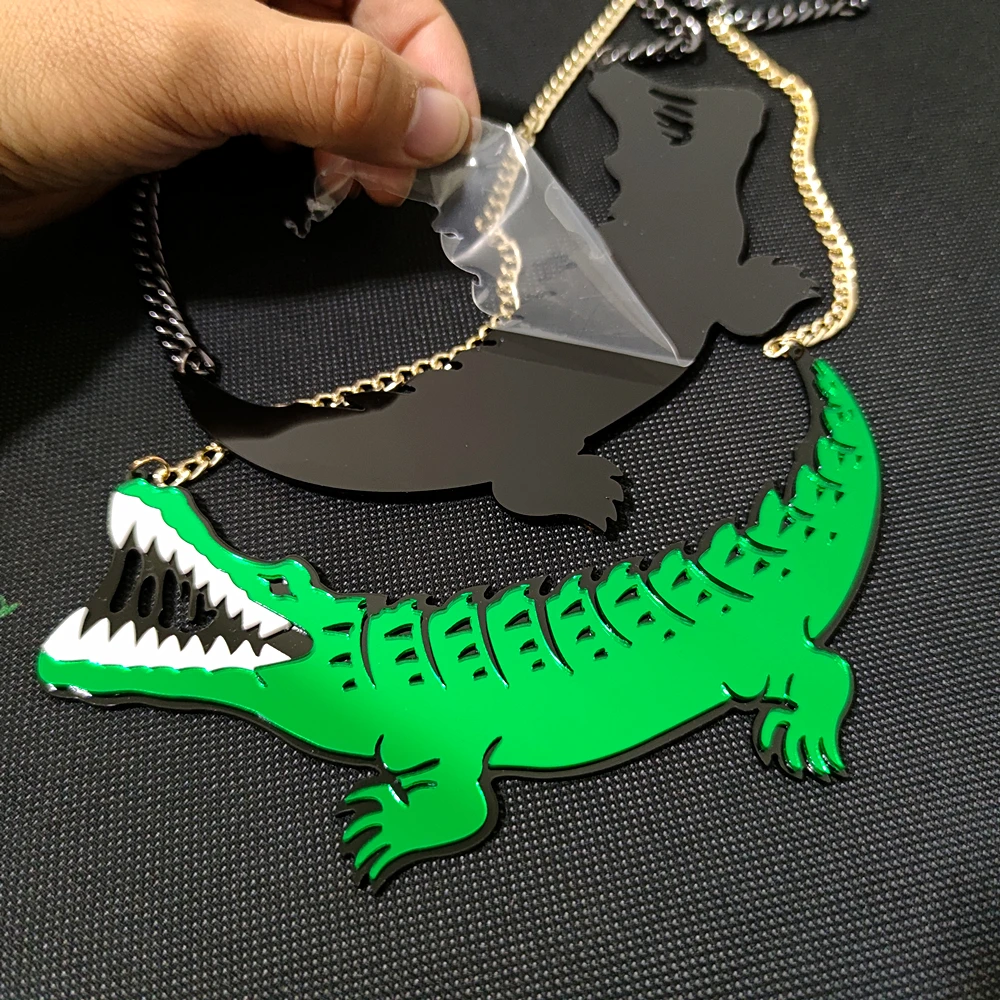 KUGUYS Fashion Jewelry Acrylic Large Pendant Necklace for Men Women HipHop Crocodile Black Link Chain DS DJ Accessories