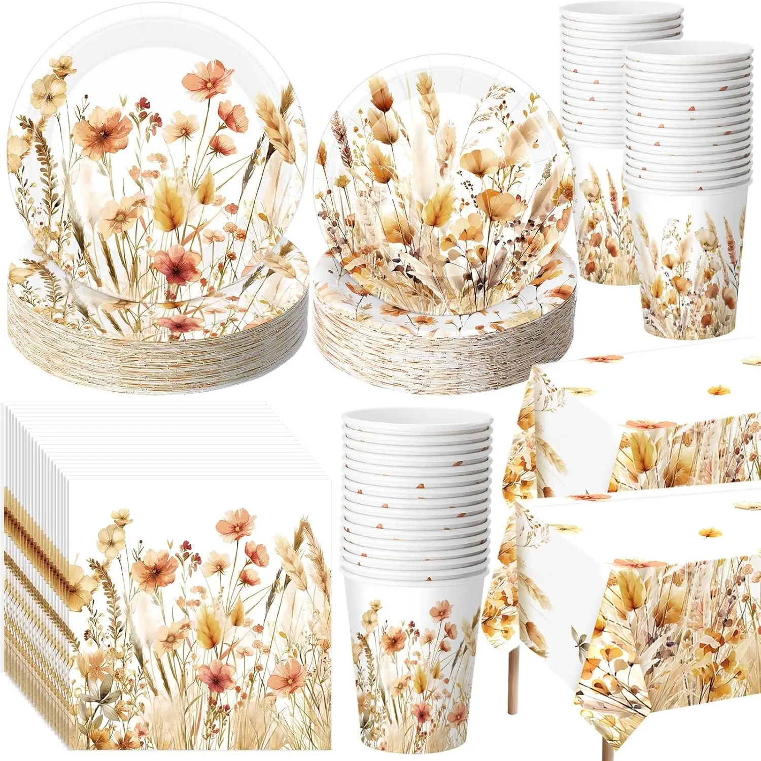

202 Pcs Fall Wildflower Party Decoration Supplies Brown Floral Paper Plates Napkins Cups Butterfly Flower Tablecloth for