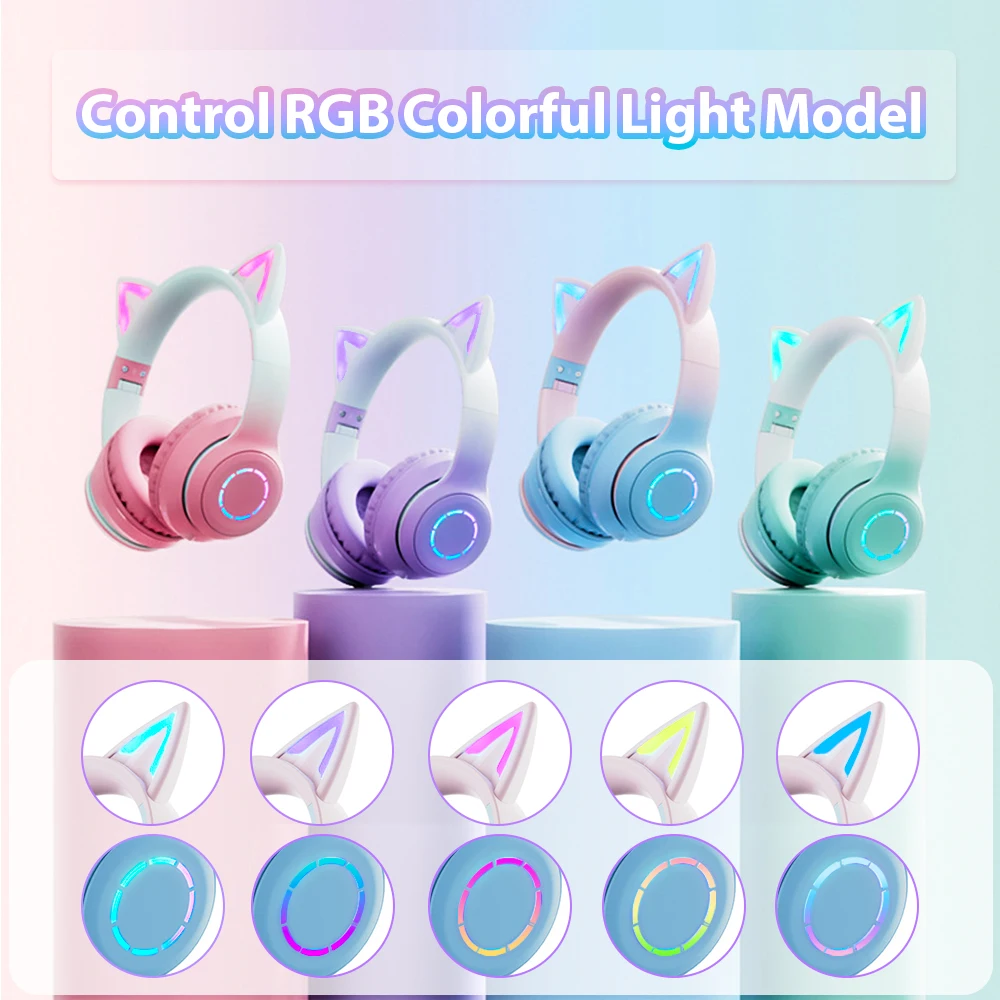 Wireless Bluetooth Headphones Gradient Color Cat Ear Headphones with Mic Can Close LED  Kids Girls Phone Music Headset GamerGift